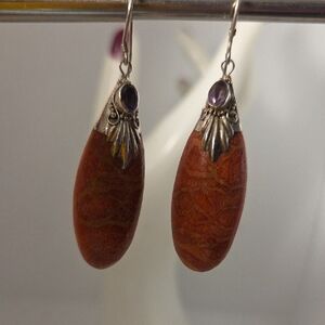 Coral And Amethyst Silver Dangle Earrings